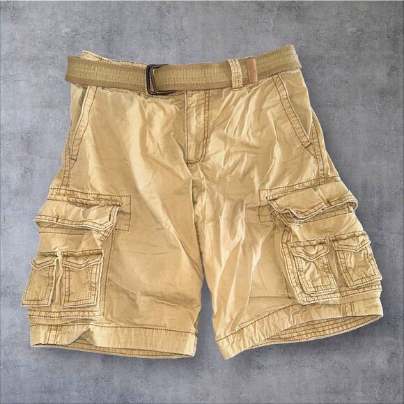 VTG Abercrombie Fitch Mens 30 Tan Paratrooper Cargo Belted Baggy Prep Y2K Shorts - Picture 1 of 7